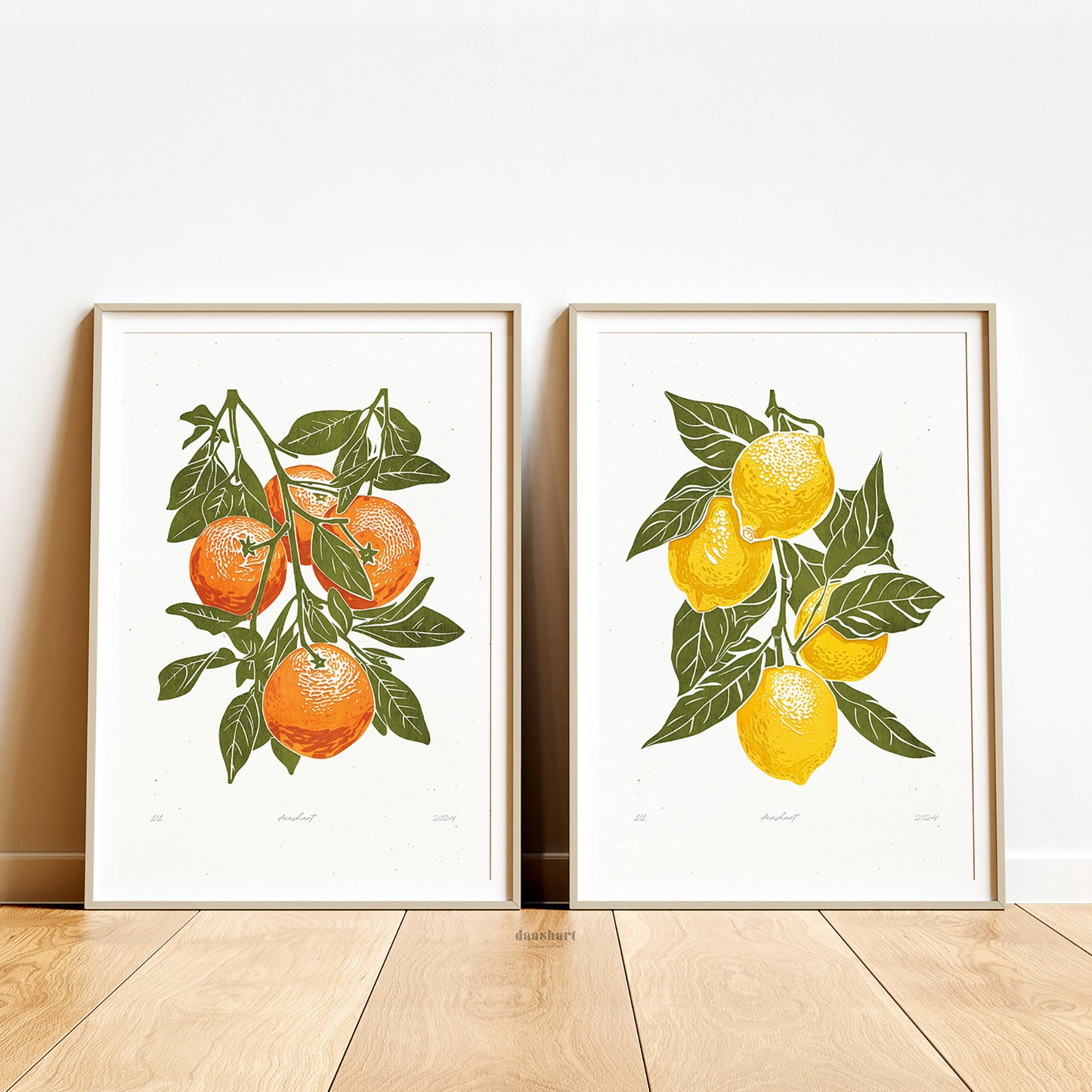 Gallery wall set of 2 Sage green oranges and lemons fruits «Sagren Lemona» Printable linocut wall art posters fruit wall art, farm decor, contemporary art, relief textured, large wall art, moody wall art, trendy wall art, aesthetic wall art, funny modern poster, retro wall art, vintage poster, bedroom wall decor, modern kitchen art, dining room decor, bathroom prints, living room wall art, coquette room decor, preppy room decor, dorm room decor, laundry room decor, mens room decor, nursery wall art