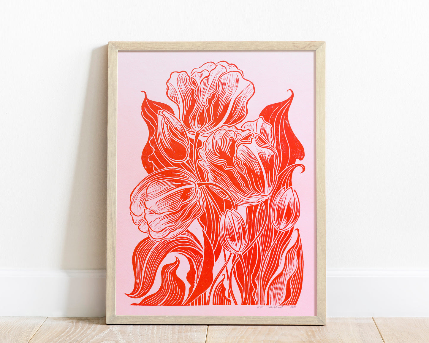 Linocut print Original artwork Linogravure lino Spring wall art Botanical relief block kitchen decor Nature lover gift Modern bedroom floral Plant leaves Living room farm Printmaking block Red Pink tulips flower New home