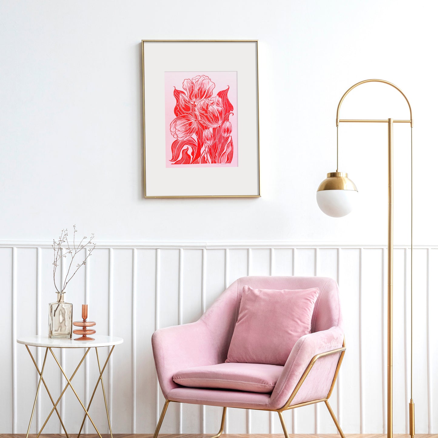 Linocut print Original artwork Linogravure lino Spring wall art Botanical relief block kitchen decor Nature lover gift Modern bedroom floral Plant leaves Living room farm Printmaking block Red Pink tulips flower New home