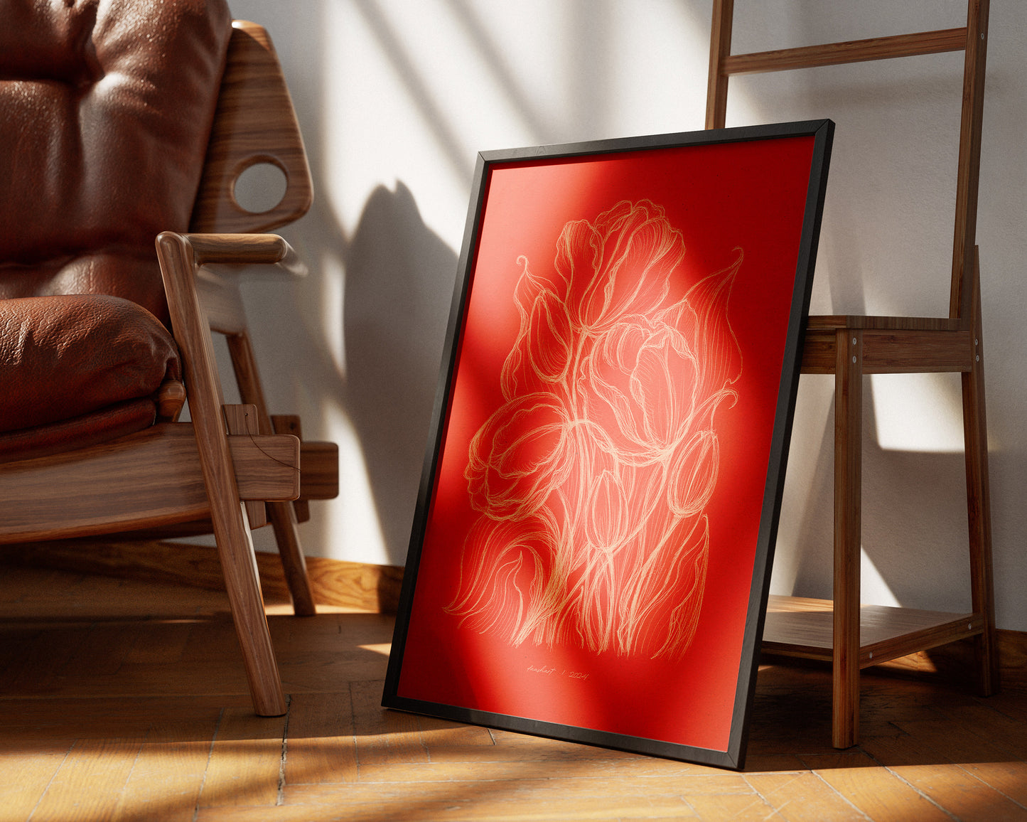 Spring trendy bright red wall art Hand drawn tulips flower sketch Line floral large botanical poster Printable neutral prints Bedroom kitchen living room dining roomdecor