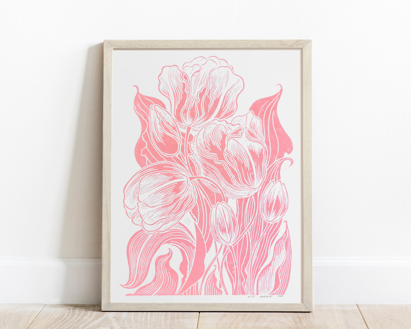 Spring wall art Linocut print Pink tulips flower Botanical original relief artwork for Modern bedroom kitchen decor or Nature lover gift