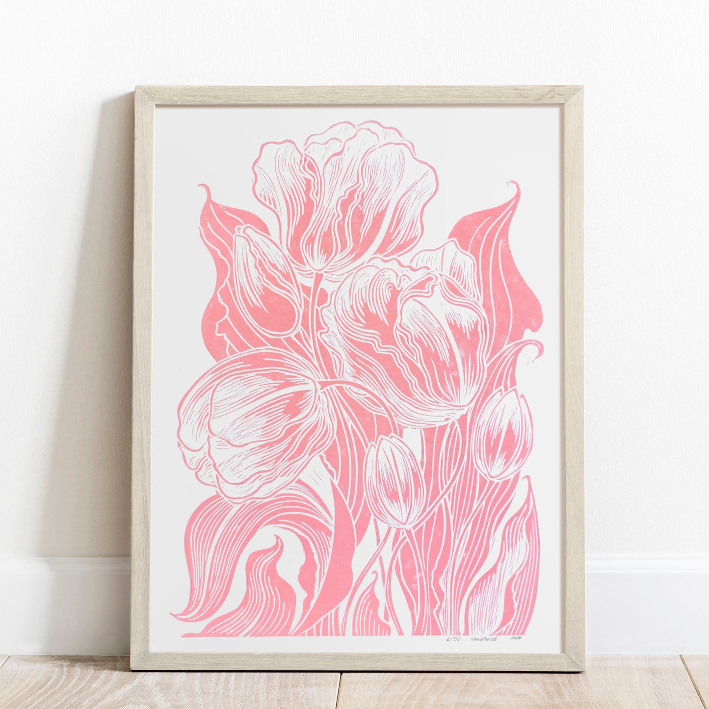 pink tulips flowers Linocut print Spring wall art decor lino print, linogravure, printmaking, relief print, block print, wall hanging, unique wall art, trendy wall art, thank you gift boss, teacher appreciation gift, Summer wall art, Spring wall art, sister in law gift, shelf decor, self gift, rustic wall art, retirement gift, realtor closing gift, Plant print, plant lover gift, original artwork, one of a kind, nurse gift
