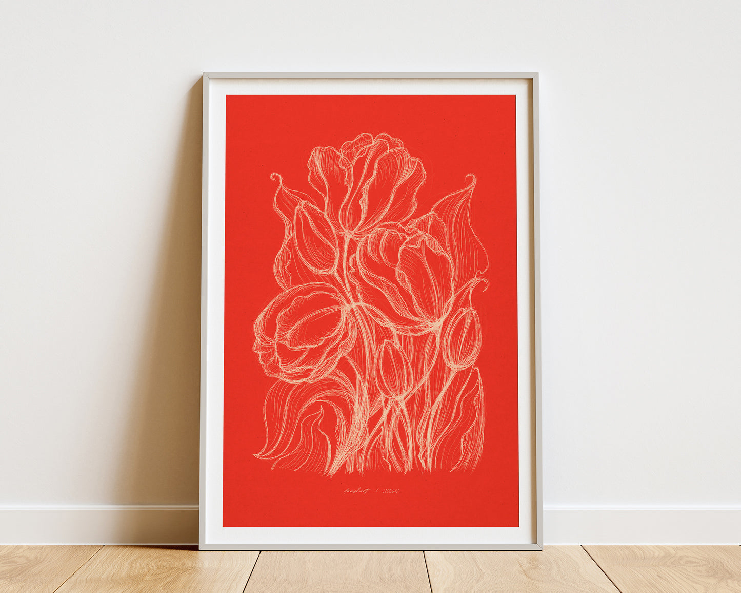 Spring trendy bright red wall art Hand drawn tulips flower sketch Line floral large botanical poster Printable neutral prints Bedroom kitchen living room dining roomdecor