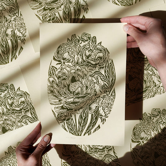 vintage peonies flower print peony linocut print floral wall art original artwork chateaucore decor living room lino botanical hostess thank you new apartment gift linogravure gift for professor bedroom home office workspace handmade educational nature lover sage green beige cottagecore rustic farm farmhouse retro room dining entryway kitchen dorm hallway heilroom mom mother wife woman sister girlfriend grandmother godmother apartment thoughtful Handprinted Present Gratitude Professor Rustic