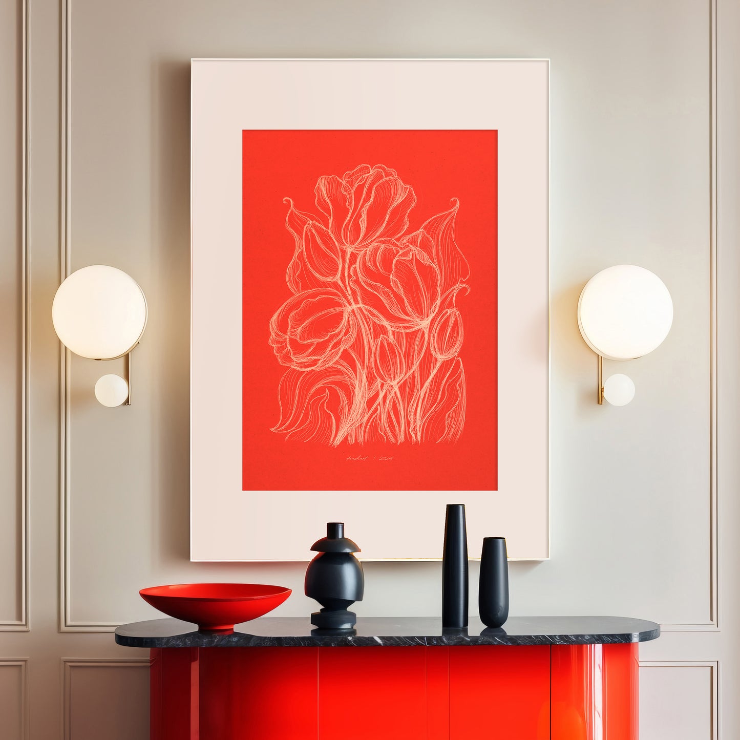Spring trendy bright red wall art Hand drawn tulips flower sketch Line floral large botanical poster Printable neutral prints Bedroom kitchen living room dining roomdecor
