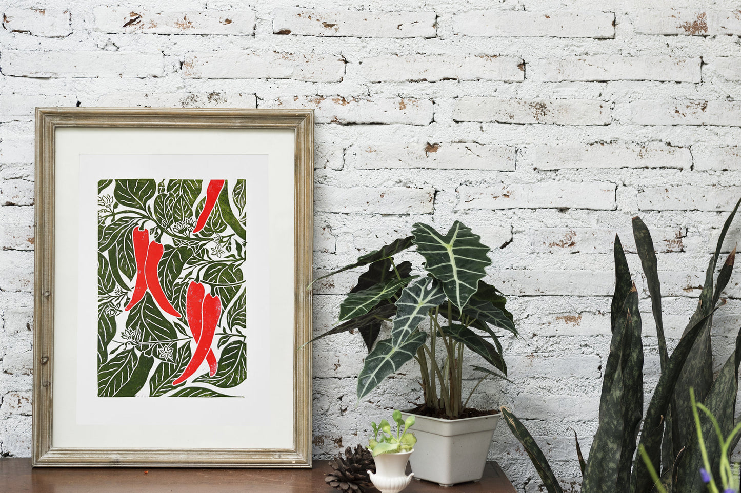 Red chili pepper plant linocut print / Original artwork Botanical fruit for modern kitchen wall art or Nature lover gift UNFRAMED for modern kitchen / living room or dining room / bedroom wall decor