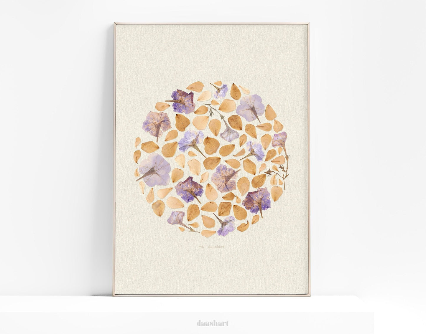 Beige circle petunia pressed flower plants and rose petals / Printable wall art Botanical herbarium poster for living room decor INSTANT DOWNLOAD