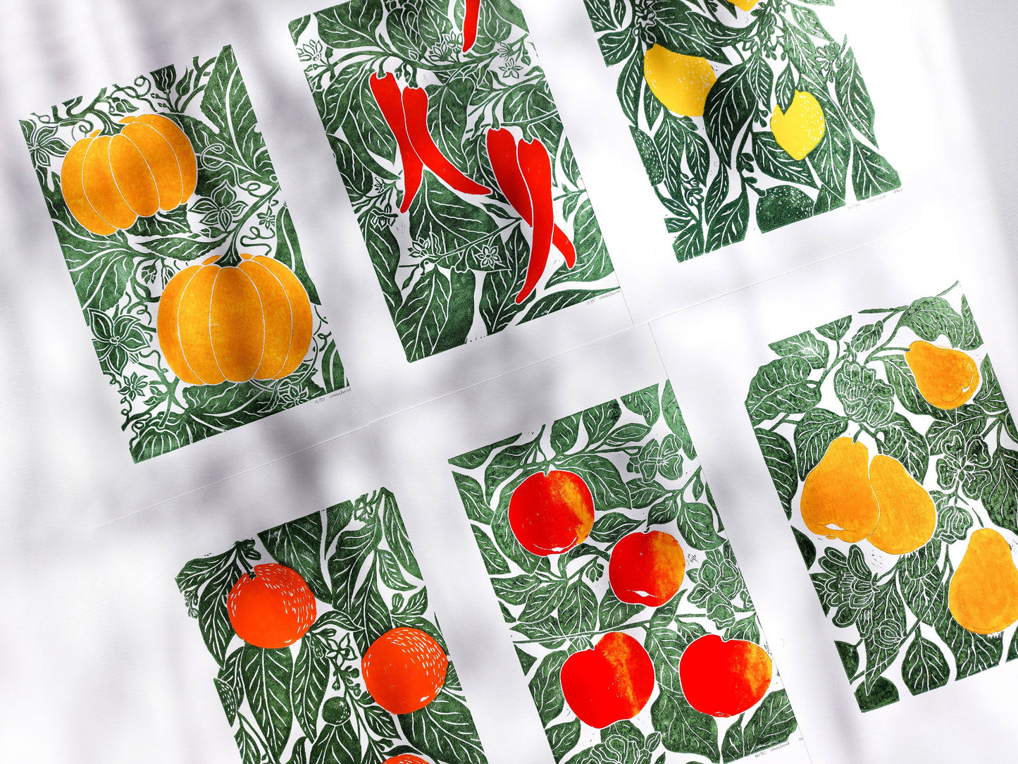 Gallery wall set of 6 linocut print with pears, apple, chili papper, lemon, oranges, pumpking original artwork for modern kitchen decor