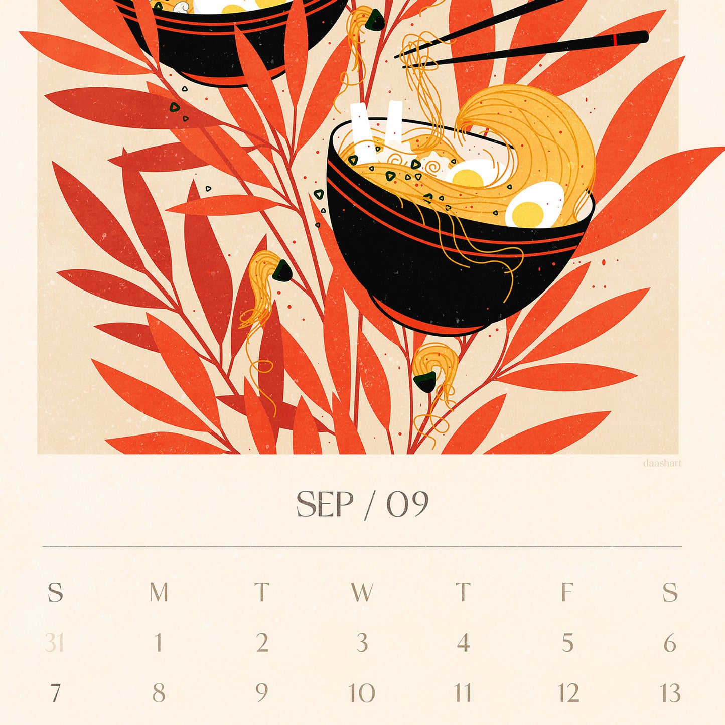 Personalized 2026 calendar 11x17in Botanical food and drink Printable Illustrated calendar foodie ramen