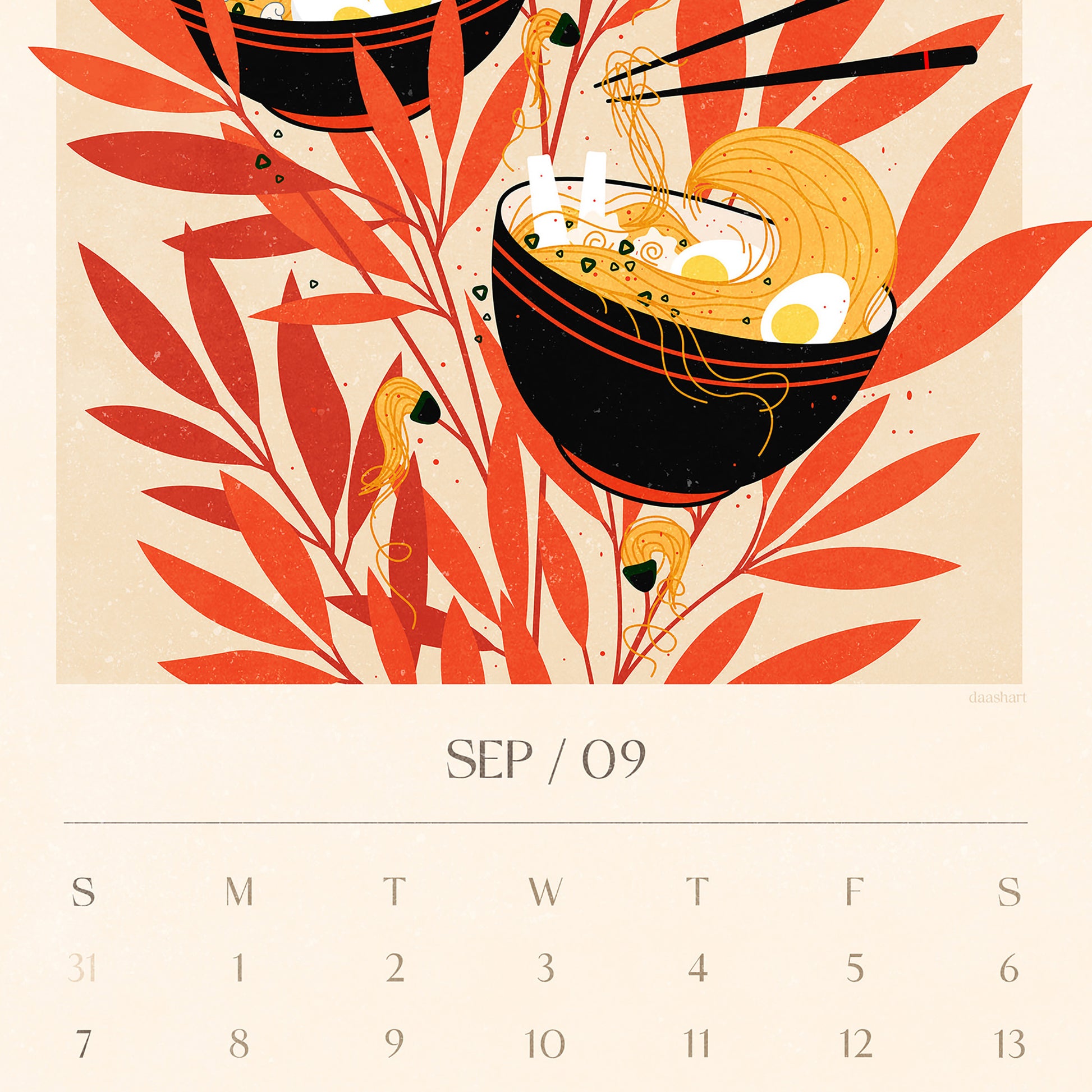 Personalized 2026 calendar 11x17in Botanical food and drink Printable Illustrated calendar foodie ramen