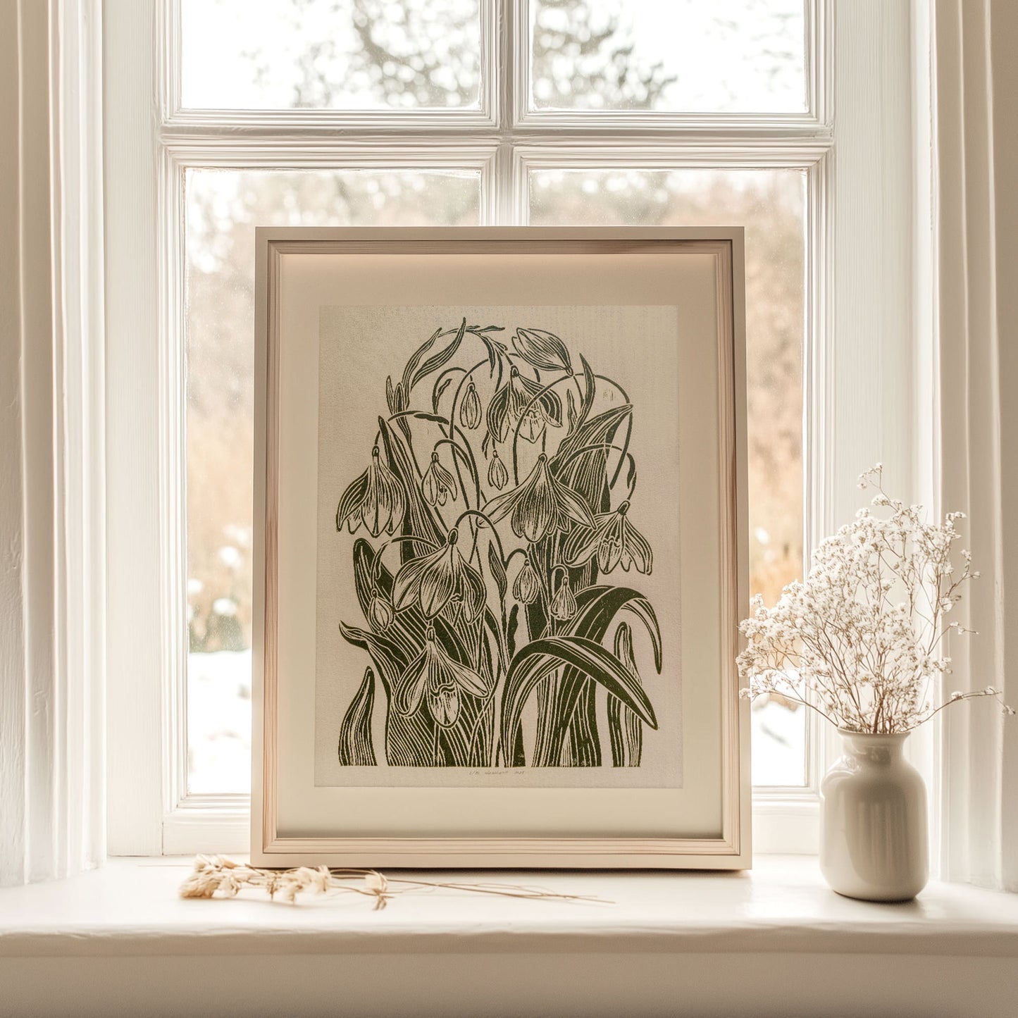 Bige and Green Linocut Print Snowdrop Flowers Lino Print Spring Original Artwork Unique Handmade Spring Wall Decor Floral Linocut Art Cozy Spring Decor Art Housewarming gift New home gift Entryway Living room Modern kitchen wall art decor Nature Plant lover gift