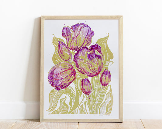 Linocut print
Linogravure lino
Floral farm rustic
Botanical relief
Original printmaking
Modern kitchen
new first home
Summer wall art
artwork block decor
Nature lover gift
Watercolor purple
tulips flowers
rustic housewarming