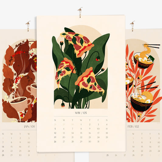 Personalized 2026 calendar 11x17in Botanical food and drink Printable Illustrated calendar foodie pizza coffee ramen new year gift, christmas present, illustrated calendar, wall calendar 2026, holiday calendar 2026, instant download, digital product, downloadable art, wall hanging, unique wall art, Xmas Gift for Nature Lover, minimalist wall art, large wall art, moody wall art, trendy wall art, aesthetic wall art, Christmas, bedroom wall decor, modern kitchen art