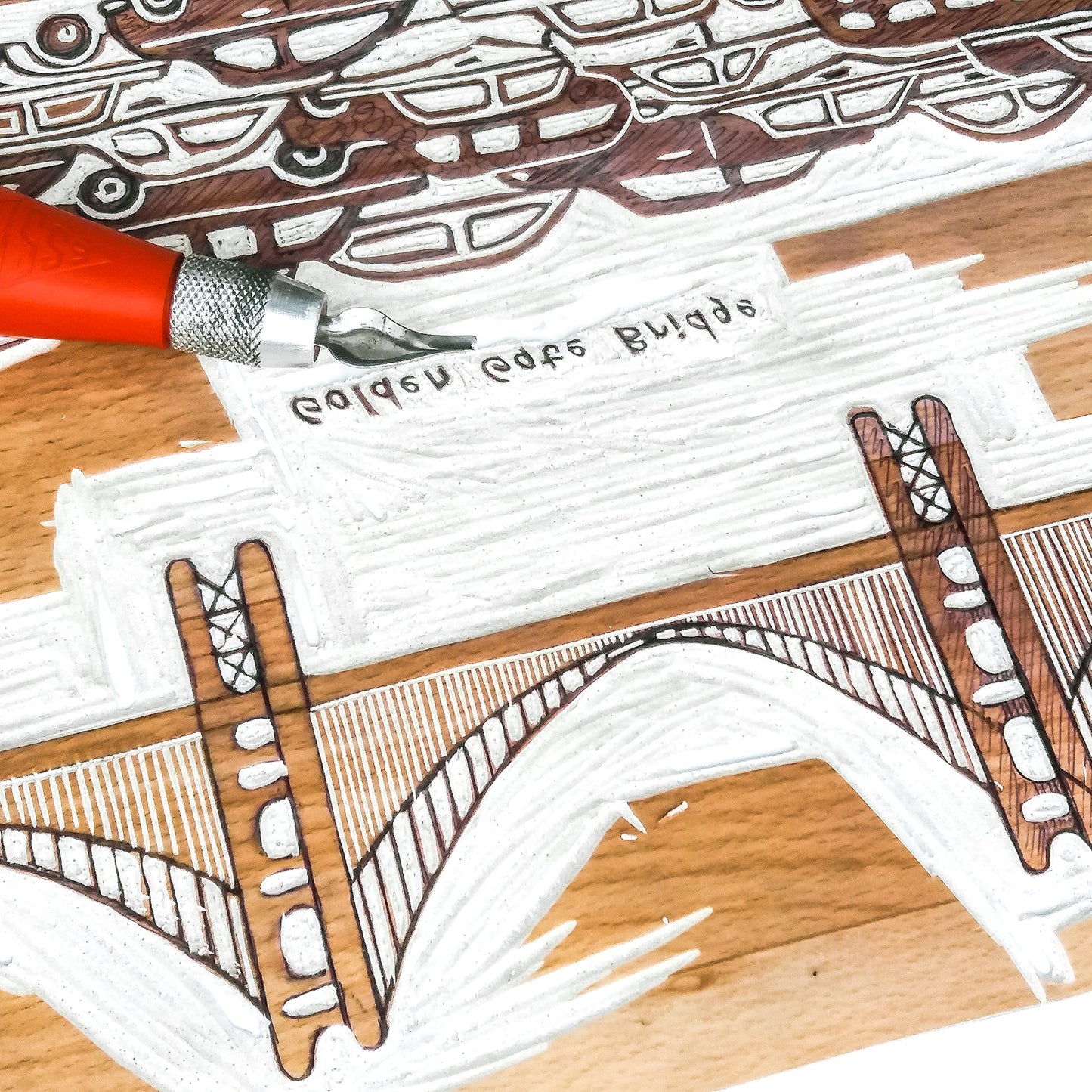 Golden Gate Bridge Linocut Print Cityscape San Francisco Home Office Kids Decor Retro American Original Artwork Wall Art Travel Lover Gift mlock linoleum lino curving