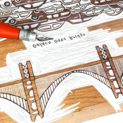 Golden Gate Bridge Linocut Print Cityscape San Francisco Home Office Kids Decor Retro American Original Artwork Wall Art Travel Lover Gift mlock linoleum lino curving