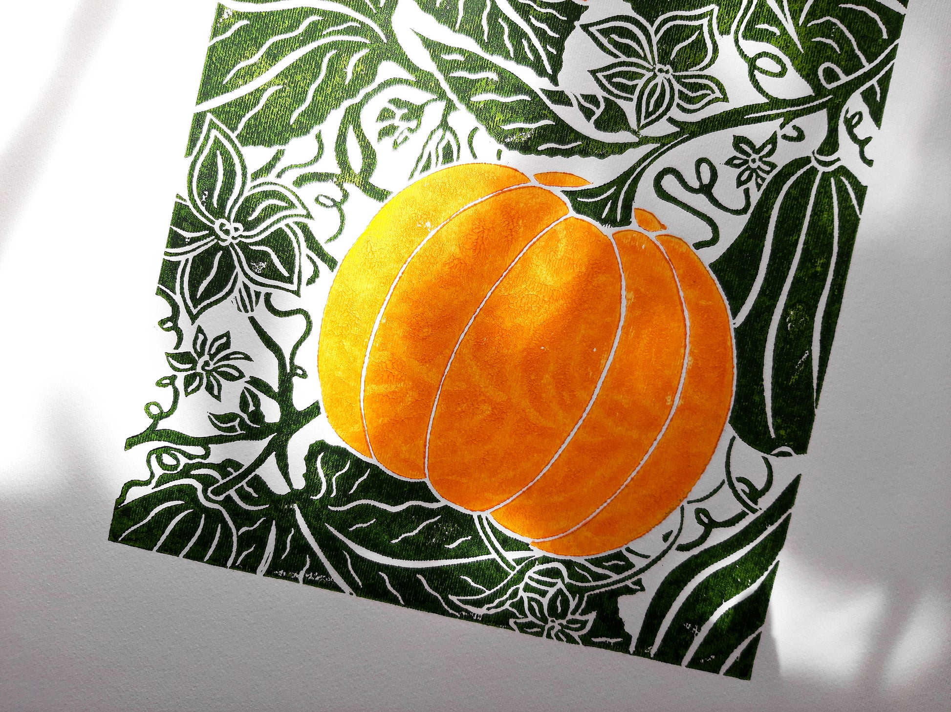 Pumpkin relief linocut print Original block print artwork