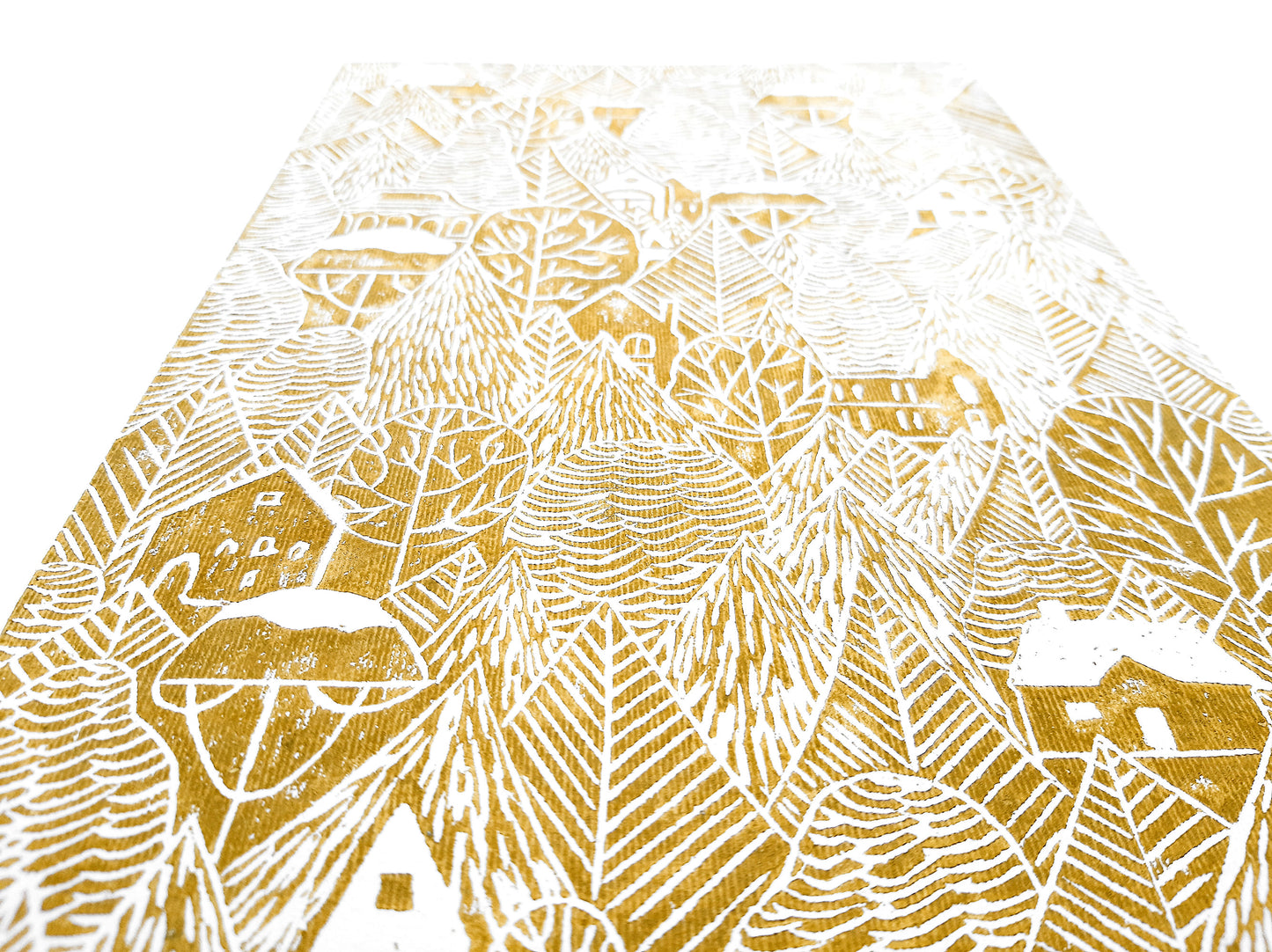 Ochre autumn forest with houses Linocut print 12x16in for Nature lover gift UNFRAMED / printmaking art, original artwork, lino print, linogravure, block print, relief print, handmade art, bedroom wall art, living room decor, nursery wall art