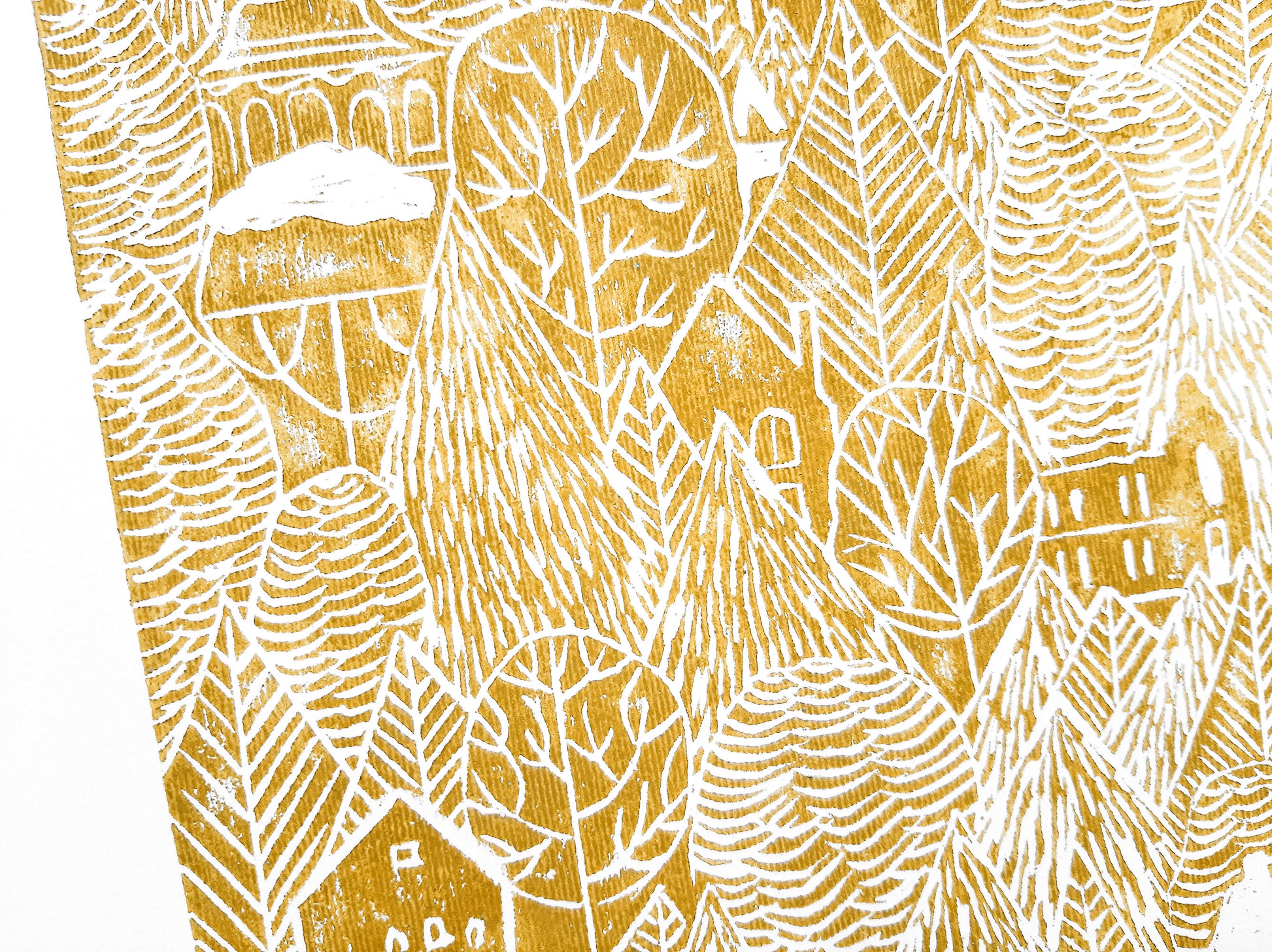 Linocut print Ochre forest with houses Original artwork 12x16 for New home gift and bedroom wall decor UNFRAMED, Linogravure, Living room wall art, Farmhouse wall decor, block print, New home gift, bedroom wall decor, lino print, handmade print art, printmaking
