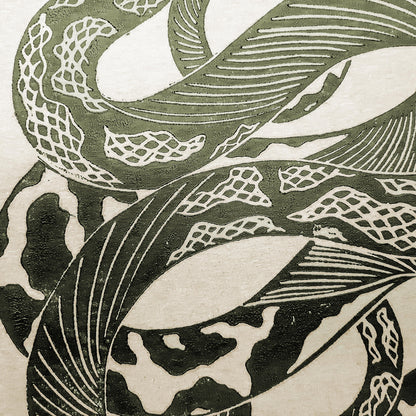 sage green color tattoo snakes large linocut print rustic linogravure original artwork living room hallway wall reading nook wilderkind forestcore self gift man cave decor english cottage art