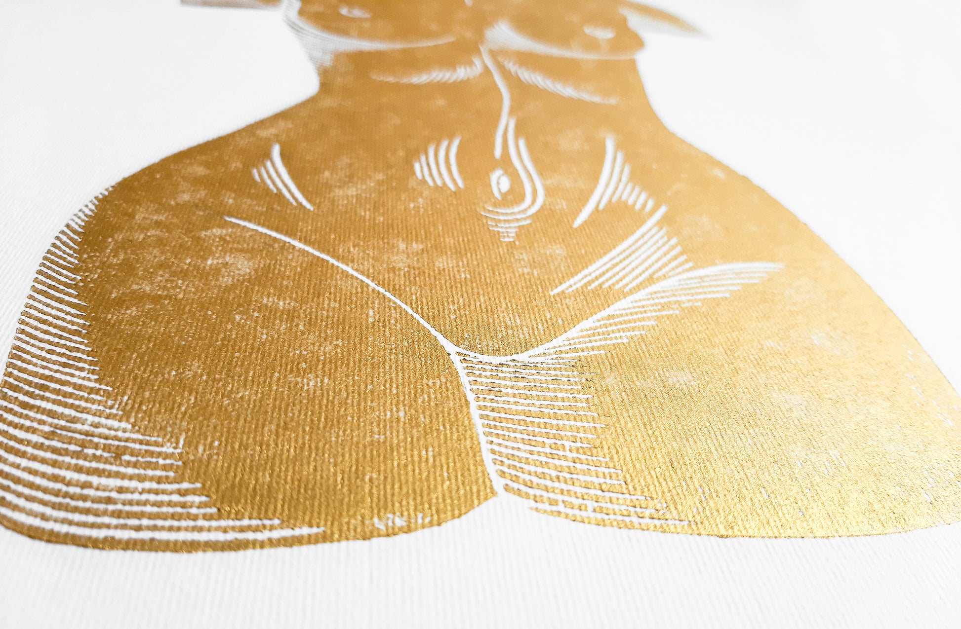 Details Gold bust nude woman relief Linocut print / printmaking / lino print / linogravure