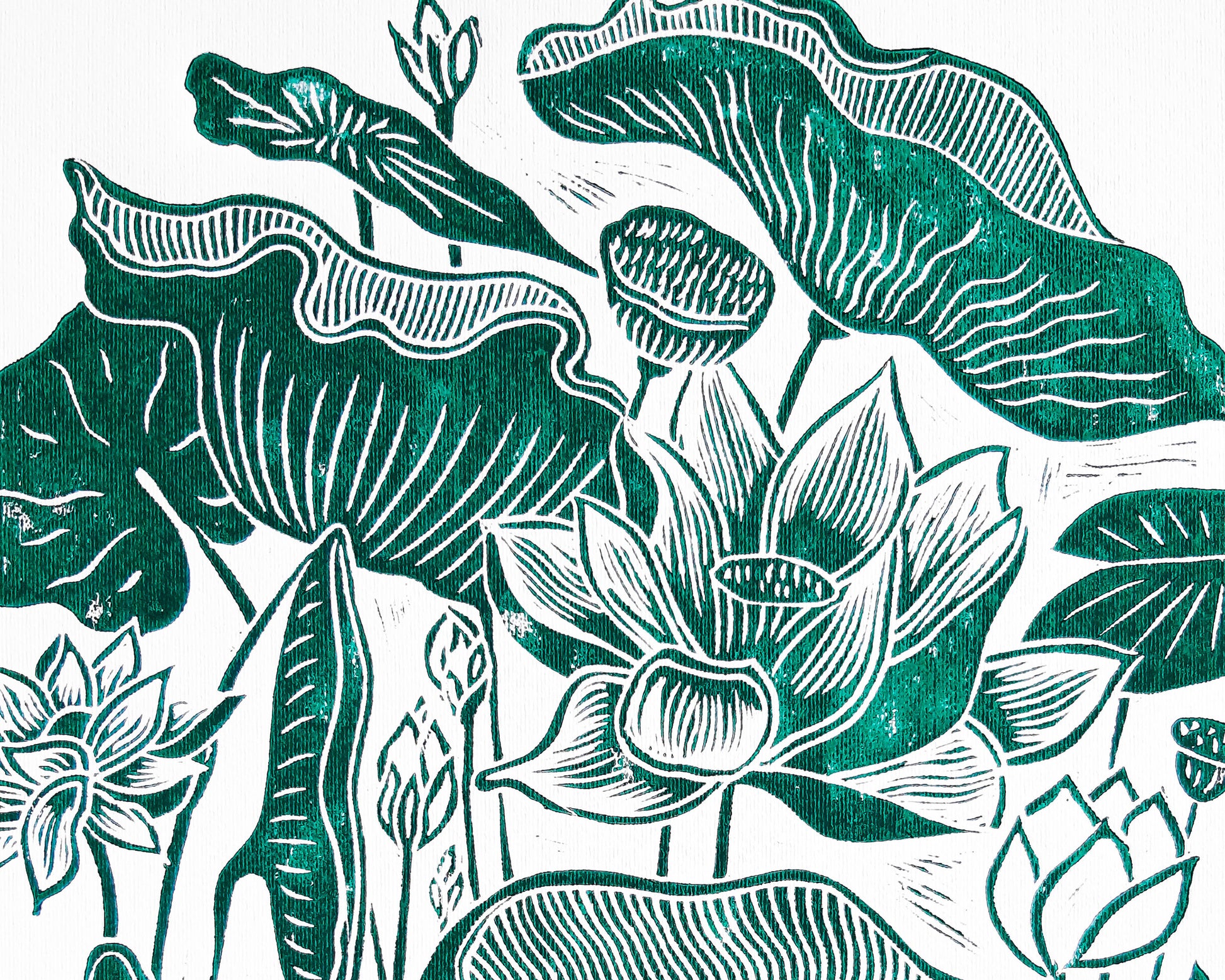 Green lotus flower Linocut print for Nature lover gift UNFRAMED