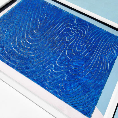 blue water relief flexible plexiglass linocut print original artwork japanese wall art nautical decor mid century modern bathroom lino printmaking abstract 
gen z celebrated, quiet luxury art, boyfriend gift, nurse gift, guest bathroom, niece gift from aunt, new mom gift, new job gift, New home gift, new grandma gift, new apartment housewarming gift, living room wall art minimalist, new apartment gift, bedside, dressing room, mid century modern, foyer, spa bathroom, artist studio, reading nook, new home gif