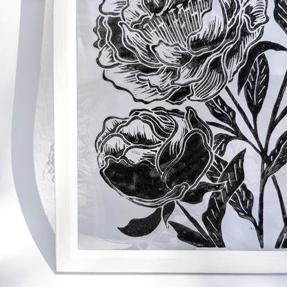 peony flowers flexible plexiglass large linocut print floral lino relief block original artwork reading nook decor fine housewarming gift 
wall hanging, hand carved, unique trendy, thank you gift boss, teacher appreciation gift, powder room, creative studio wall art, treat yourself, Summer wall art, large wall art, sister in law gift, self gift, rustic artwork, scandinavian artwork, retirement gift, realtor closing gift, primary bedroom, Relief handprint, one of a kind, half bath wall art, Little Treat Gift