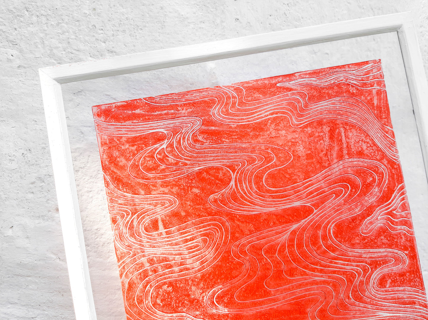 Plexiglass linocut print Red abstract japanese clouds relief wall art Original artwork Printmaking block for Bedroom decor New home gift