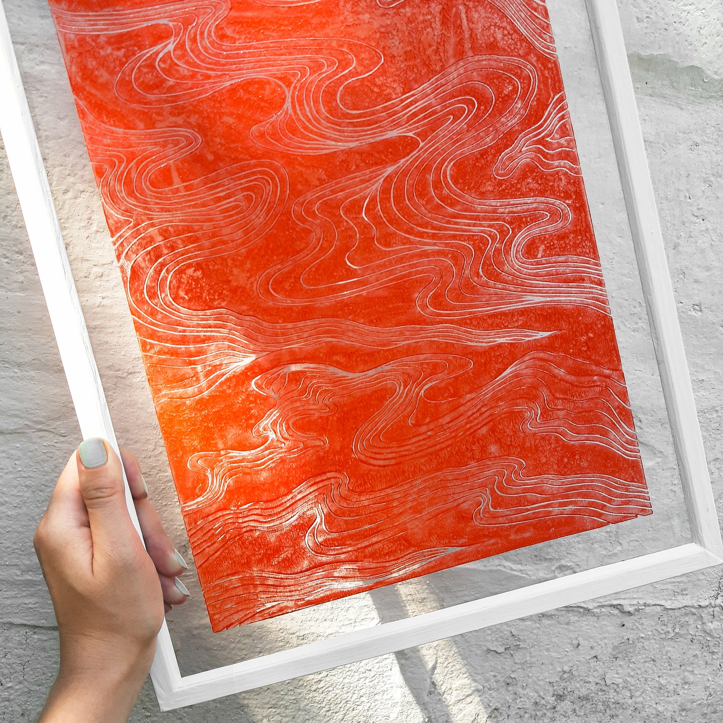 Plexiglass linocut print Red abstract japanese clouds relief wall art Original artwork Printmaking block for Bedroom decor New home gift