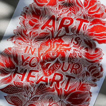 red white art is in your heart inspirational phrase emotional quote large linocut print botanical lino magnolia flowers home office decor man cave decor sister unique gift relief linogravure monoprint tattoo
 hand carved, wall hanging, unique Vintage art, unique wall art, trendy wall art, thank you gift boss, teacher appreciation gift, master bedroom, Summer wall art, large wall art, sister in law gift, shelf decor, self gift, rustic artwork, Retro scandinavian artwork, handprint, retirement gift, Relief