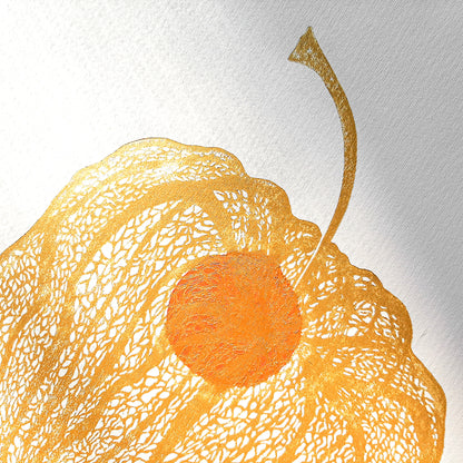 Gold physalis plant and Orange berry Linocut print 