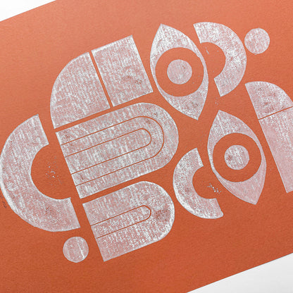 linocut print original artwork mid century modern lino linogravure printmaking terracotta color abstract bauhaus style funny face shapes minimalist wall art mindful christmas gift bedroom bohemian boho mystical couple classical style anniversary newlywed dopamine inspirational living room self contemporary entryway bathroom dining kitchen shelf sister mom mother girlfriend housewarming new appartment coworker printmaking relief block minimal apartment