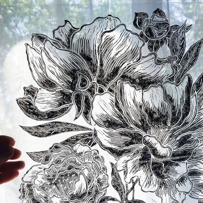 peony flowers flexible plexiglass large linocut print floral lino relief block original artwork reading nook decor fine housewarming gift 
 guest bathroom, niece gift from aunt, new mom gift, new job gift, New home gift, new grandma gift, new apartment housewarming gift, living room wall art minimalist, new apartment gift, bedside, dressing room, mid century modern, foyer, spa bathroom, artist studio, reading nook, new home gift, teacher appreciation, dopamine decor, thank you gift, Christmas gift