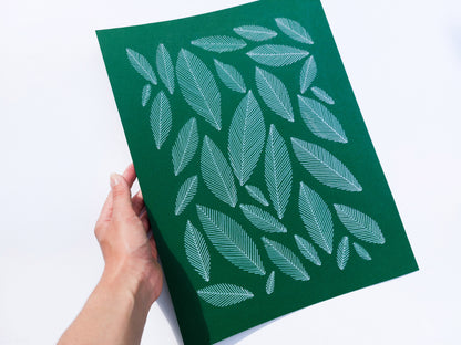 Emerald green geometric abstract leaf line shapes artwork for Nature lover gift UNFRAMED for living room, or bedroom original artwork