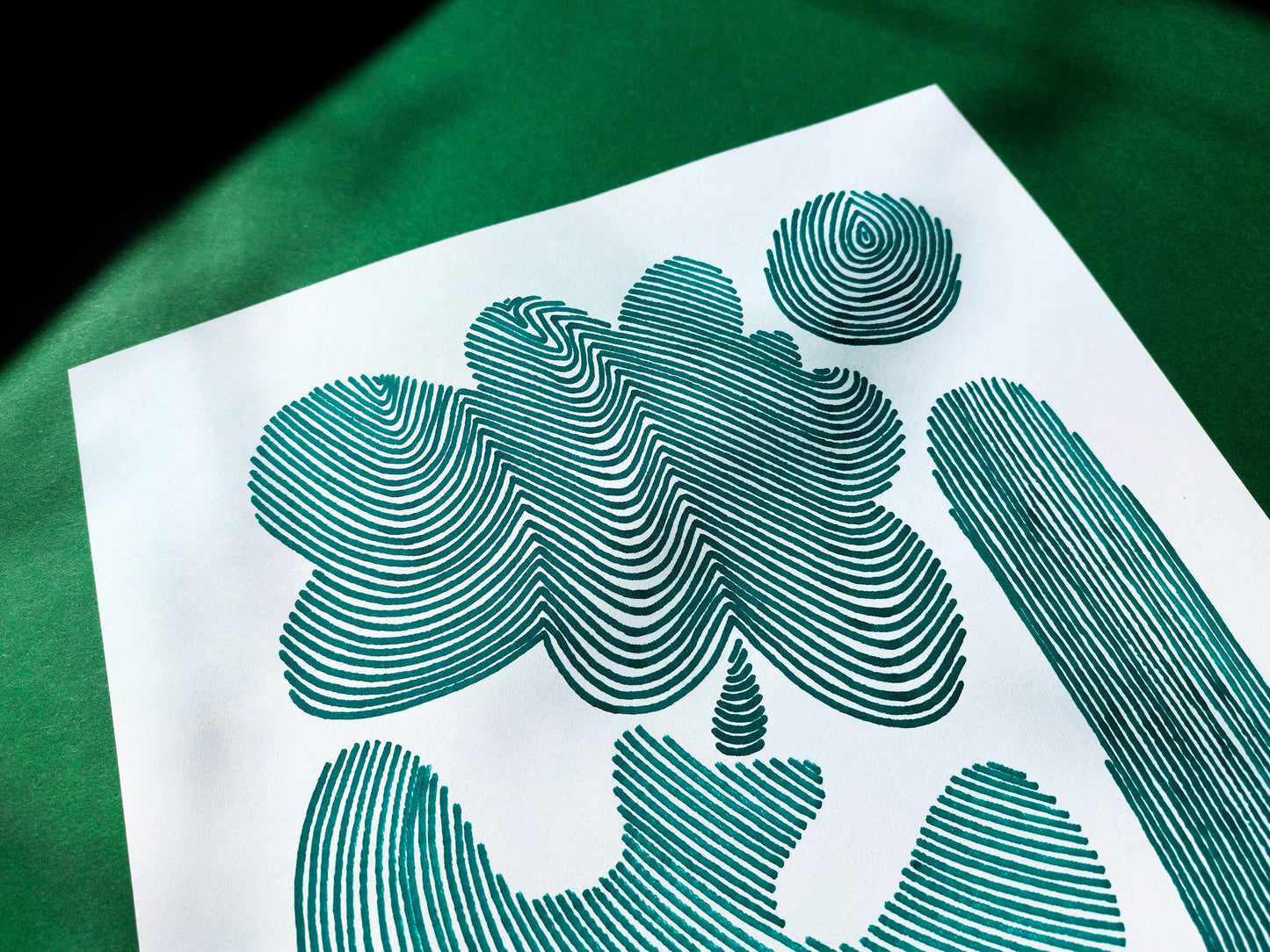Details White and emerald green Abstract flower line drawing shapes artwork