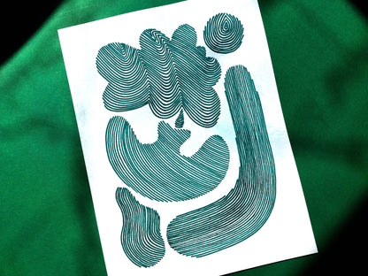 White and emerald green Abstract flower line shapes artwork for Nature lover gift UNFRAMED
