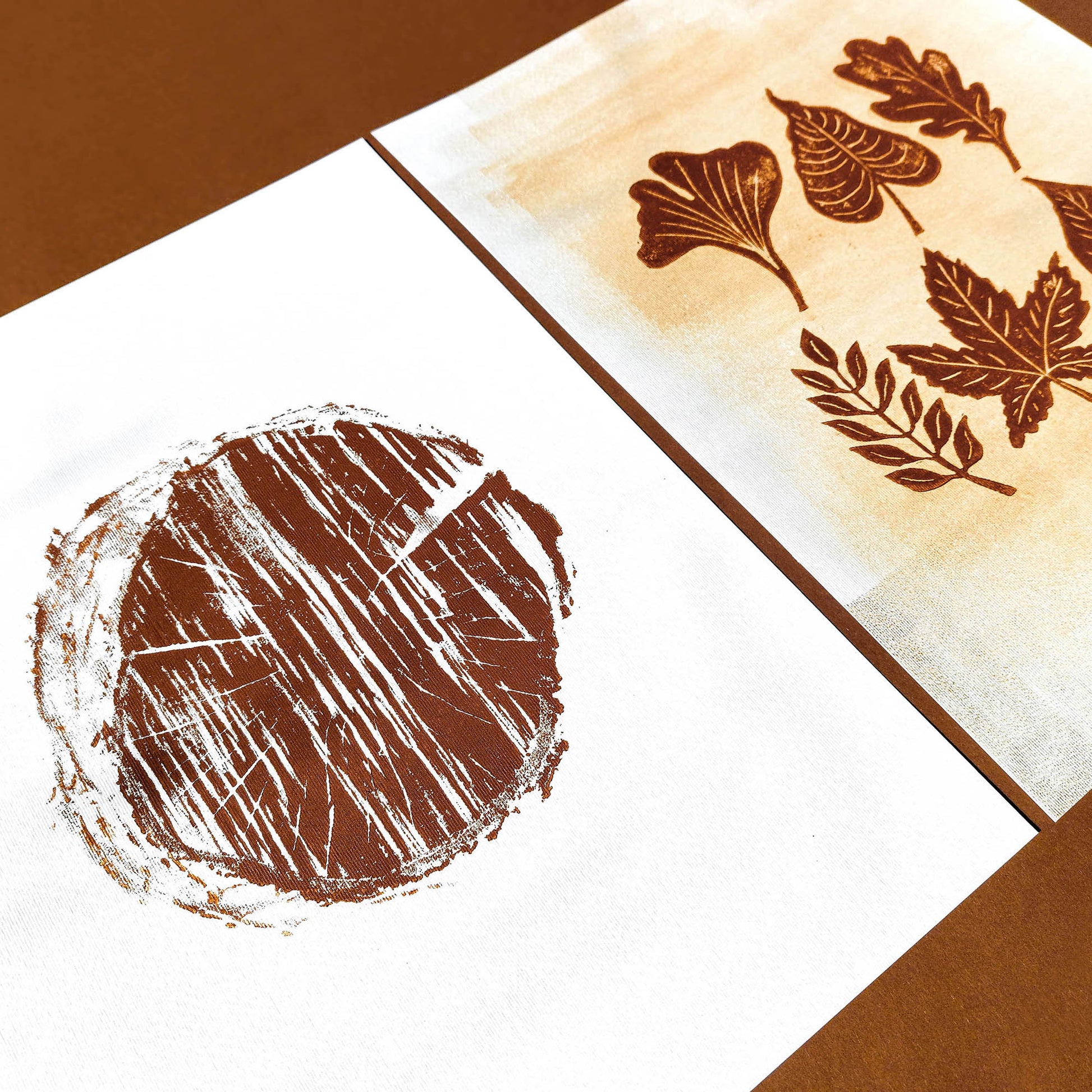 Brown and gold gallery wall set of 2 linocut print woodblock leaves wood slice original artwork cottagecore autumn wall art bedroom decor one of a kind farmhouse gift linogravure printmaking Modern kitchen art, long distance gift, living room wall art, Linoleum print, laundry room decor, Housewarming gift, Botanical Gift for Coworker, teacher appreciation back to school, hostess gift, home gift unique, heirloom gift, Minimalist Xmas Print, heilroom wall decor, handmade gift for women, Gift to Say