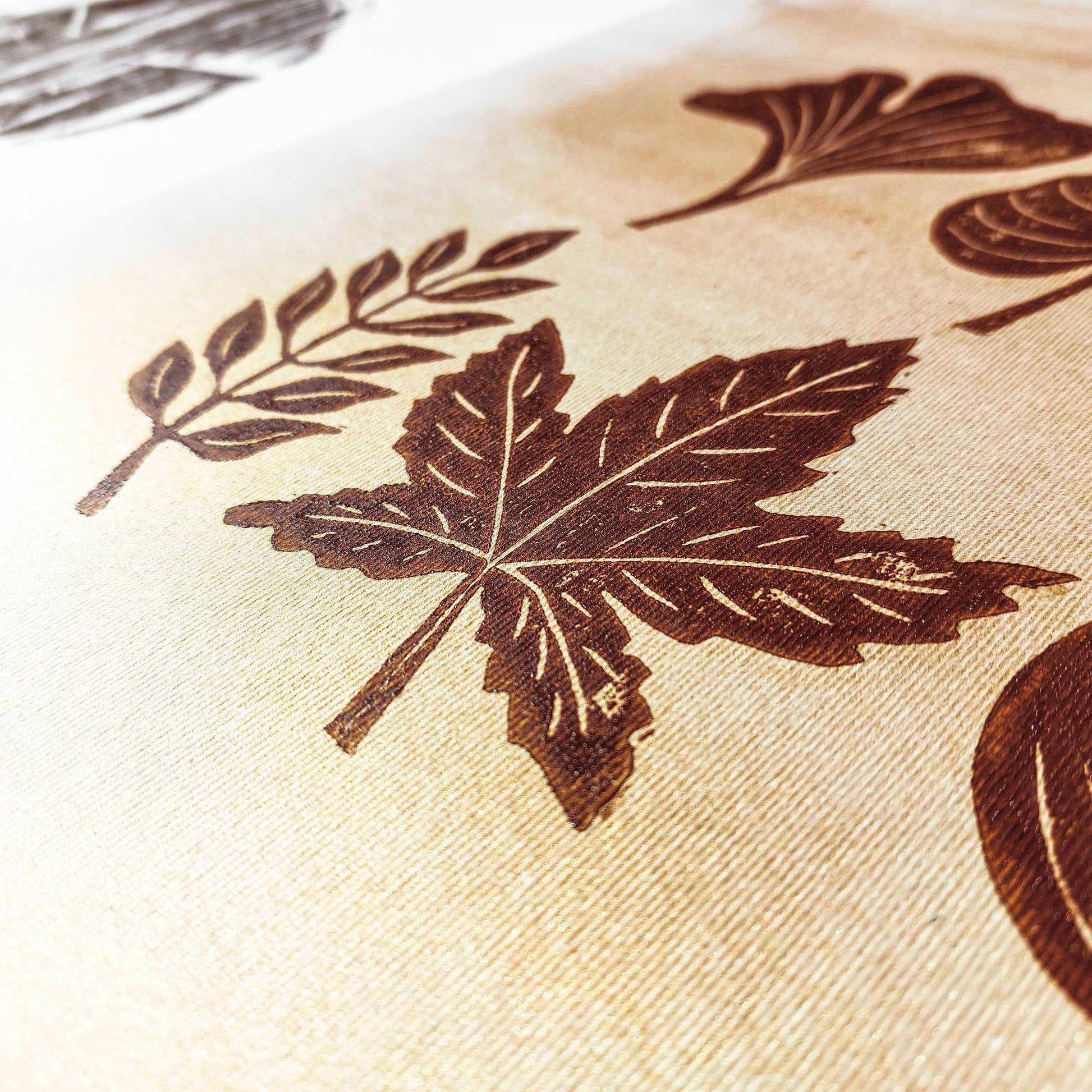 gallery wall set of 2 linocut print woodblock leaves wood slice original artwork cottagecore autumn wall art bedroom decor one of a kind farmhouse gift linogravure printmaking