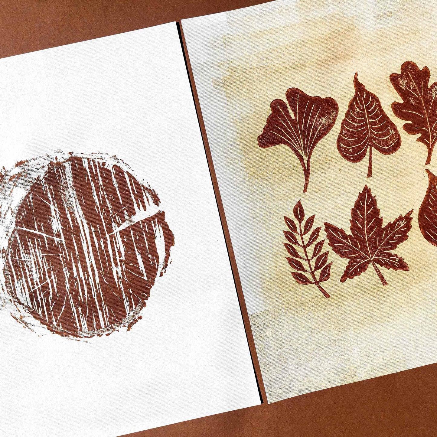 Brown and gold gallery wall set of 2 linocut print woodblock leaves wood slice original artwork cottagecore autumn wall art bedroom decor one of a kind farmhouse gift linogravure printmaking original illustration, original artwork, Fall Gift for Her, Hostess, one of a kind, office wall decor, nurse gift, niece gift from aunt, new mom gift, Fall Botanical Print, Thank You, handmade educational, new job gift, New home gift, christmas gift ideas, new grandma gift, housewarming gift, new apartment gift