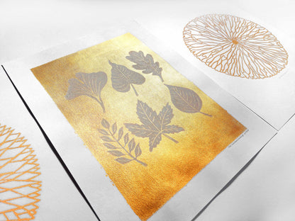 Gallery wall set of 3 Autumn leaves and Abstract flower Linocut print for Nature lover gift UNFRAMED / Gallery wall set of 2 Brown gold orange leaves Botanical linocut print Nature lover gift UNFRAMED / original artwork, relief print, printmaking art, lino print, linogravure, handmade wall art, new home gift, farmhouse decor, houswarming gift, living room wall art, dining room art, farm kitchen art, bedroom wall decor, autumn art, fall wall art, seasonal wall decor, aesthetic wall art