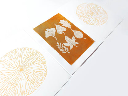 Gallery wall set of 3 Autumn leaves and Abstract flower Linocut print for Nature lover gift UNFRAMED / Gallery wall set of 2 Brown gold orange leaves Botanical linocut print Nature lover gift UNFRAMED / original artwork, relief print, printmaking art, lino print, linogravure, handmade wall art, new home gift, farmhouse decor, houswarming gift, living room wall art, dining room art, farm kitchen art, bedroom wall decor, autumn art, fall wall art, seasonal wall decor, aesthetic wall art