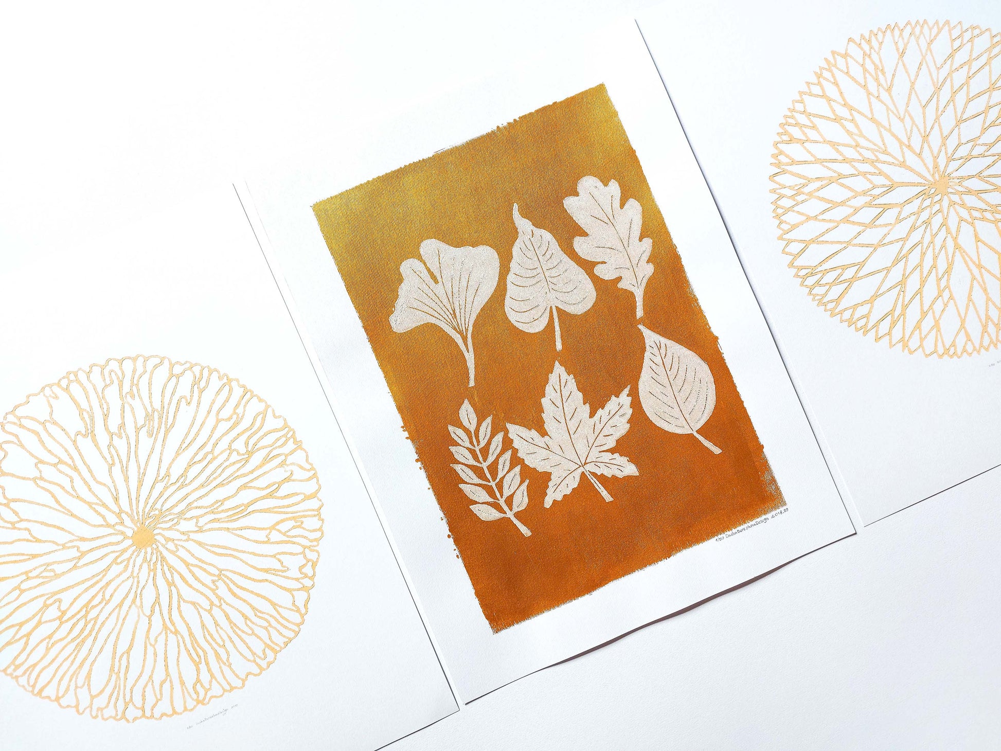 Gallery wall set of 3 Autumn leaves and Abstract flower Linocut print for Nature lover gift UNFRAMED / Gallery wall set of 2 Brown gold orange leaves Botanical linocut print Nature lover gift UNFRAMED / original artwork, relief print, printmaking art, lino print, linogravure, handmade wall art, new home gift, farmhouse decor, houswarming gift, living room wall art, dining room art, farm kitchen art, bedroom wall decor, autumn art, fall wall art, seasonal wall decor, aesthetic wall art