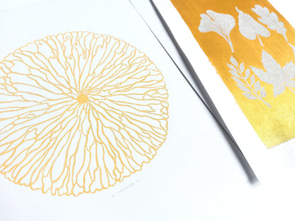 Gallery wall set of 3 Autumn leaves and Abstract flower Linocut print for Nature lover gift UNFRAMED / Gallery wall set of 2 Brown gold orange leaves Botanical linocut print Nature lover gift UNFRAMED / original artwork, relief print, printmaking art, lino print, linogravure, handmade wall art, new home gift, farmhouse decor, houswarming gift, living room wall art, dining room art, farm kitchen art, bedroom wall decor, autumn art, fall wall art, seasonal wall decor, aesthetic wall art