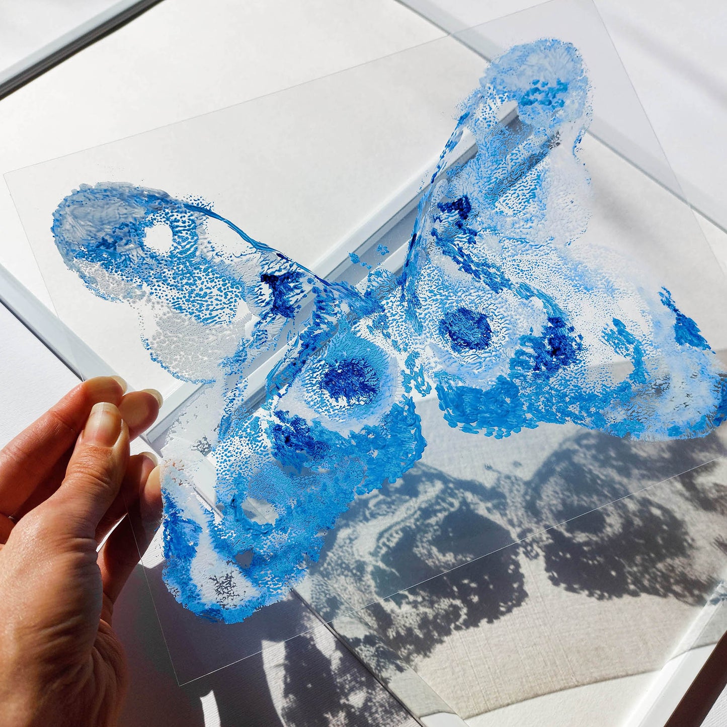 Blue White flexible plexiglass acrylic blue ink abstract butterfly large monotype print fine winter wall art staircase decor new beginnings gift one of a kind original artwork 
wall hanging, hand carved, unique trendy, thank you gift boss, teacher appreciation gift, powder room, creative studio wall art, treat yourself, Summer wall art, large wall art, sister in law gift, self gift, rustic artwork, scandinavian artwork, retirement gift, realtor closing gift, primary bedroom, Relief handprint, one of a kind