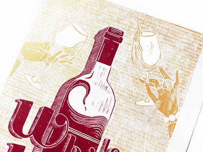 Holiday gallery wall set of 2 Wine original artwork Less whine more wine Linocut print Women hand with glass of red wine for Bar gift art UNFRAMED, lino print, linogravure, printmaking art, relief print, block print, festive wall art, alcohol poster, bar art, original artwork, New home gift, housewarming gift, modern kitchen art, bedroom wall decor, dining romm decor, birthday decor, christmas decoration, burgundy, purple, dark red and black, gold wall artwork