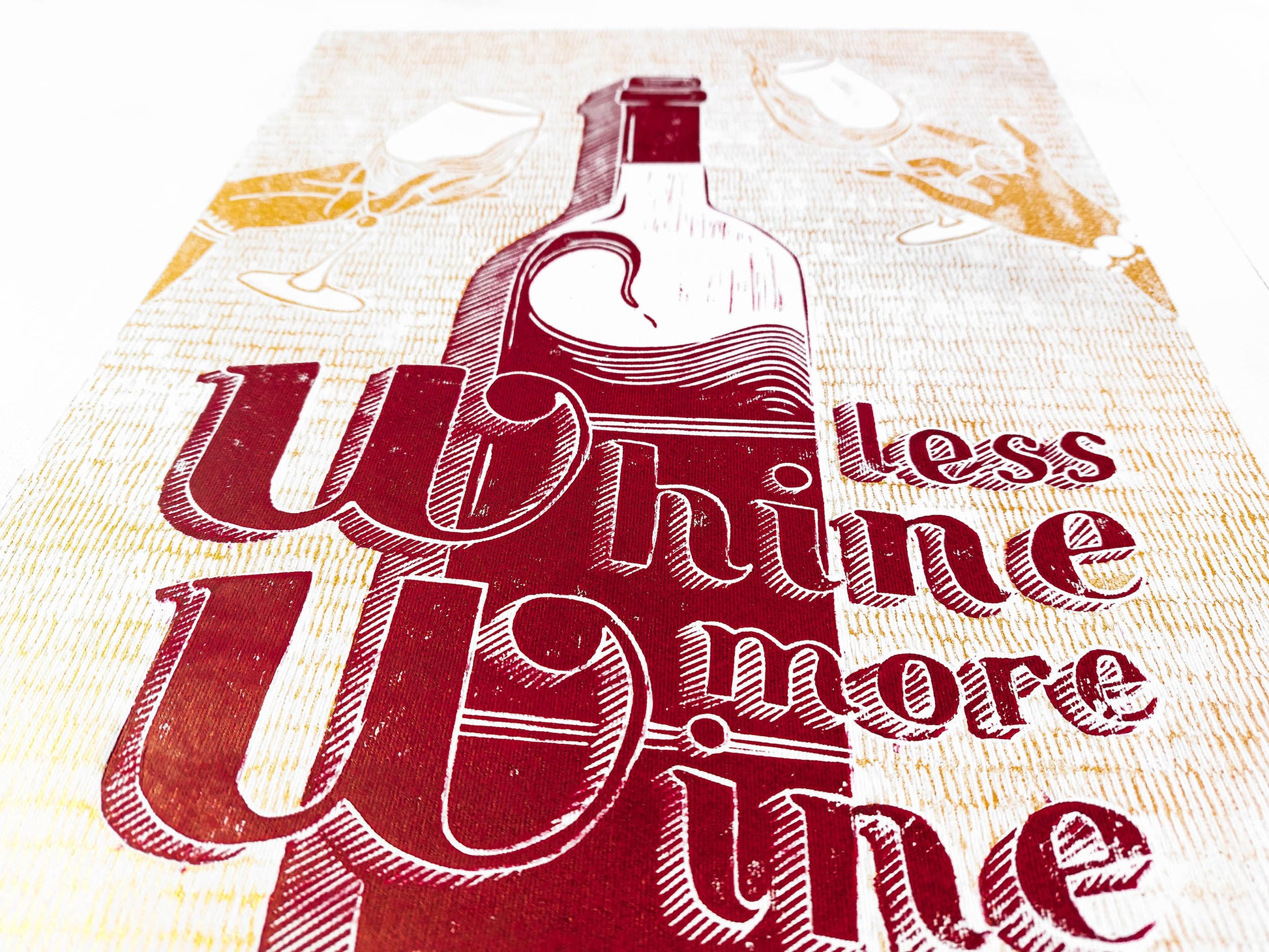 Red and gold Less whine more wine sign art Linocut print Alcohol original artwork Holiday winter wall art for bar decor UNFRAMED, Lino print, Linogravure, relief print, Wine lover gift, Red and gold art, printmaking handmade print, Gift for girlfriend, Modern kitchen art, Grandma Chic wall decor