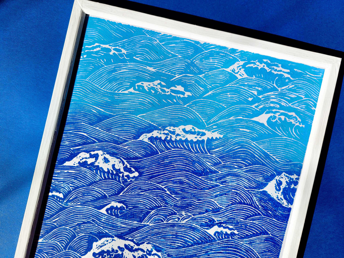 Blue waves Linocut print for Nature lover gift UNFRAMED Housewarming gift New home gift Kitchen wall decor Living room bedroom decor 16x12 Original artwork Nautical wall decor