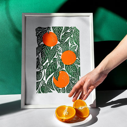 Oranges linocut print  / Original artwork Botanical fruit for modern kitchen wall art