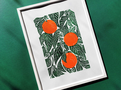 Original linocut print artwork Oranges print Botanical illustration Fruit kitchen wall art and decor Linogravure