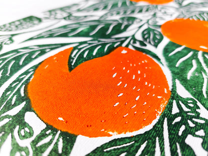 Original linocut print artwork Oranges print Botanical illustration Fruit kitchen wall art and decor Linogravure